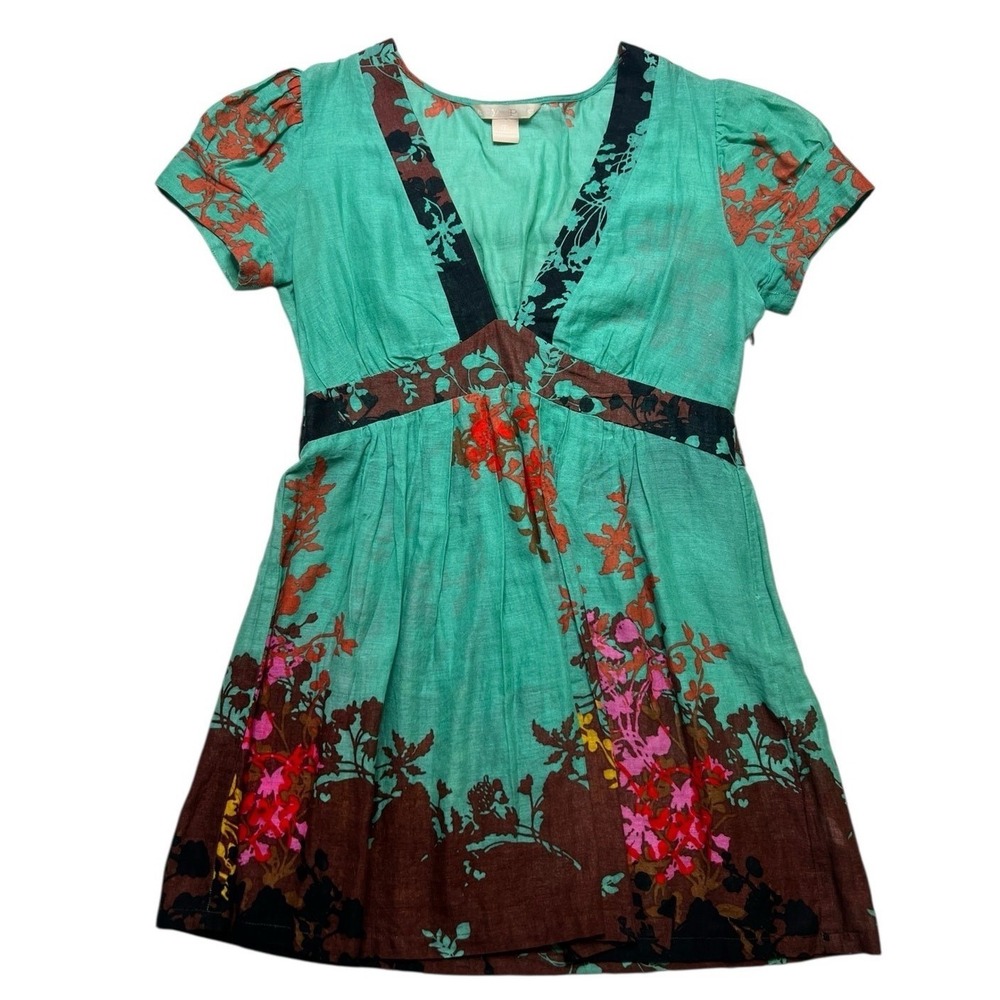 Hype Floral Dress Women S Teal Y2K Empire Waist V-Neck Short‎ Sleeve Boho Mini